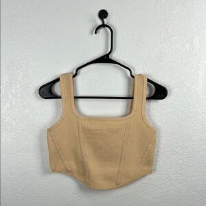 Immodel Women's Beige Cropped Tank Top Sleeveless Square Neck Stretch Knit Sz L